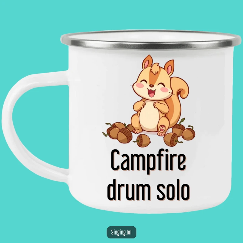 Funny Squirrel Drummer Camping Mug: Durable Acorn Musician Enamel Cup, Great Funny Gift