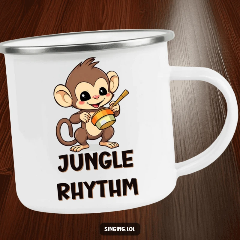 Funny camping mug with a mischievous monkey character playing cymbals, for energetic outdoor enjoyment.