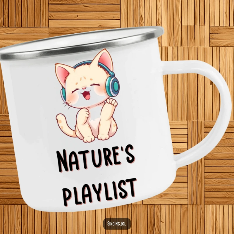 Funny enamel camping mug featuring a singing kitten wearing tiny headphones and tapping its paw, built for adventure.
