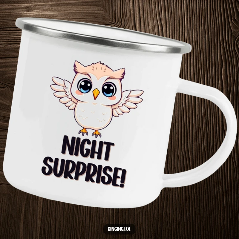 Funny camping mug featuring a surprised owl character with its wings outstretched, ideal for outdoor moments of shock and awe.