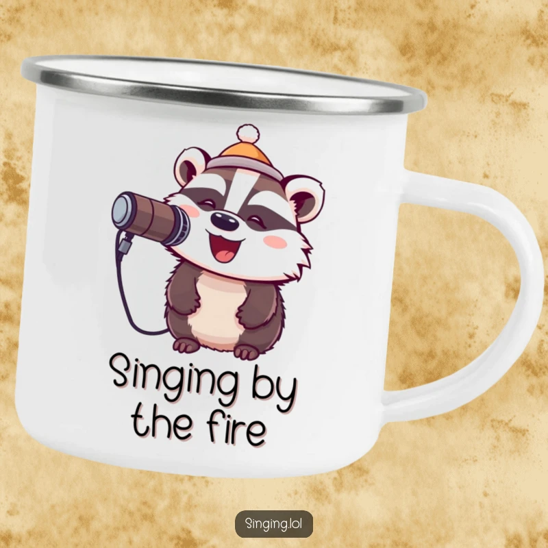 Funny camping mug with a cheerful badger wearing a tiny hat and singing into a microphone, ready for outdoor concerts.