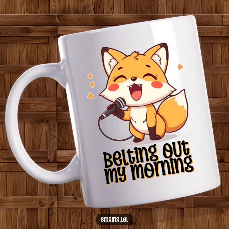 Funny Mug with a cheerful fox character holding a microphone and belting out a tune, embodying a rockstar persona.