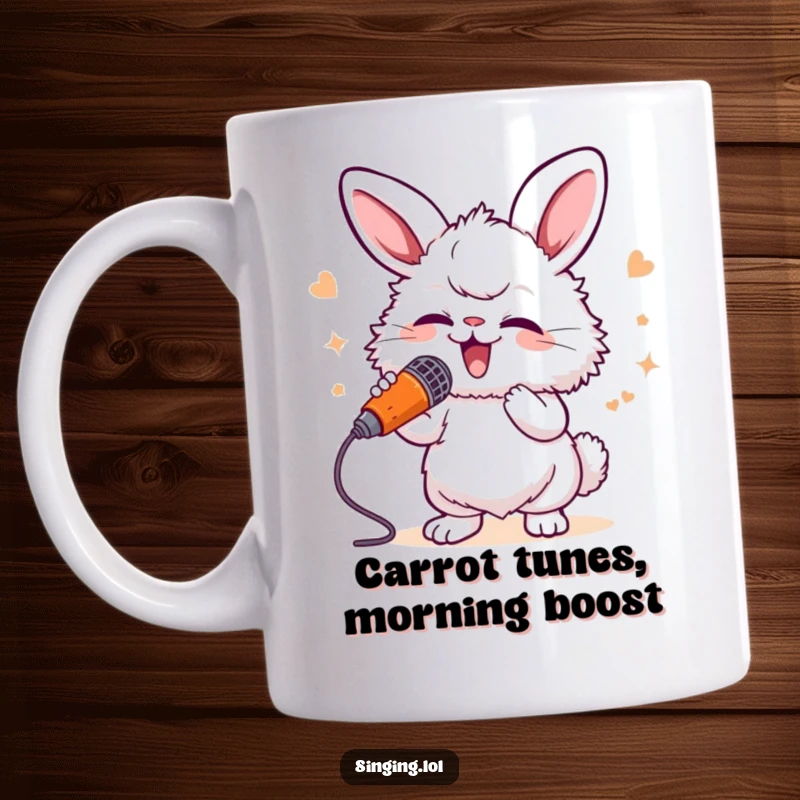 Funny Bunny Singer Mug: A fluffy bunny energetically sings into a carrot microphone, embodying pure musical fun and delight.
