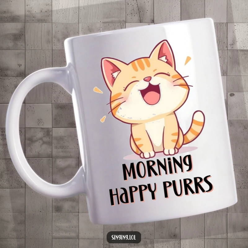 Funny mug featuring a delighted cat character expressing joy through a cute vocal trill, a charming feline illustration.