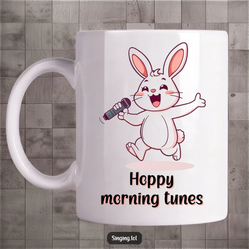 Funny mug showing a cheerful bunny hopping excitedly while holding a microphone, ready to perform with joyful energy.