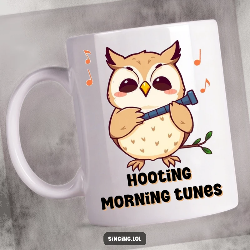 Funny owl mug featuring a curious owl character hooting melodically, enjoying a song with closed eyes and a gentle smile.