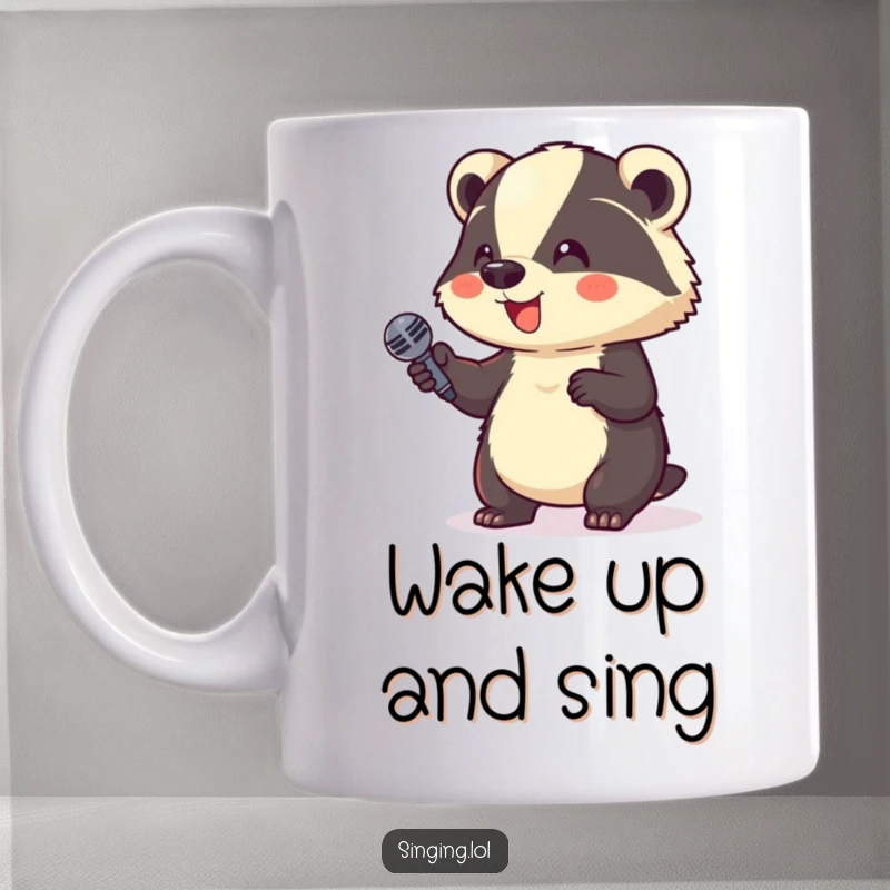 Funny Mug: A giggling badger character holds a microphone up high, ready to perform comedy.