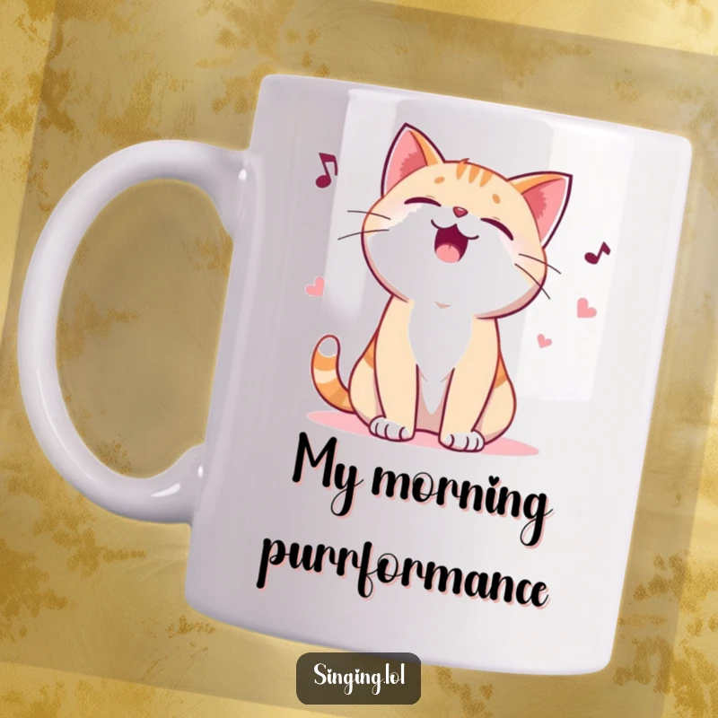 Funny mug featuring a giggling cat character energetically yowling a playful ballad, capturing pure feline joy and musical silliness.