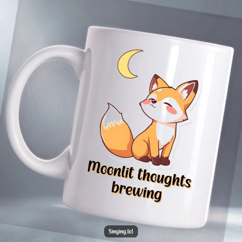 Funny mug designed with a playful fox character howling joyfully at a bright crescent moon, embodying nocturnal fun.