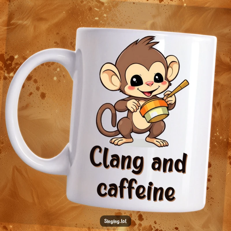 Funny mug featuring a mischievous monkey character energetically playing cymbals with flair, full of playful energy.