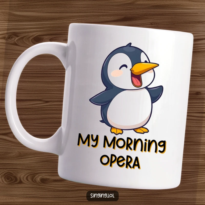 Funny mug featuring a playful penguin character animatedly squawking a ballad, full of musical passion and humor.