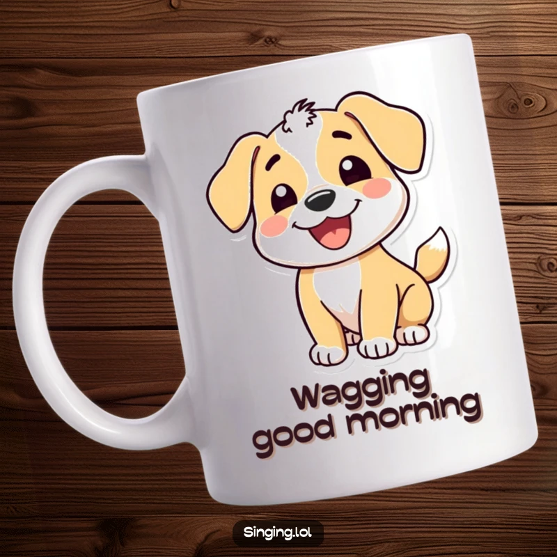 Funny mug depicting a happy puppy character with a wide grin, enthusiastically wagging its tail to an unseen beat, radiating pure joy.