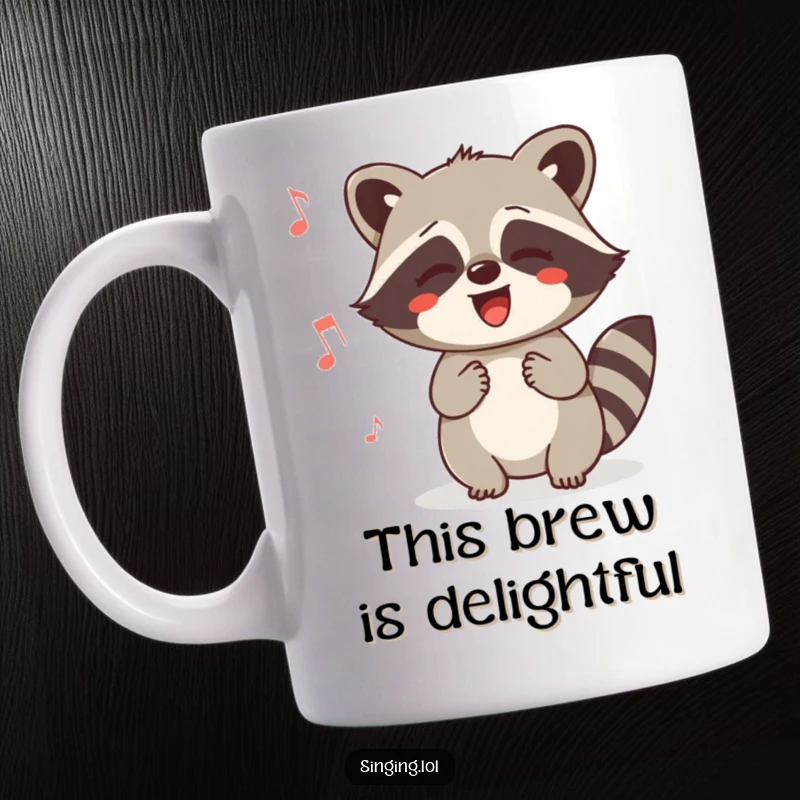 Funny Raccoon Humming Mug: A delighted raccoon happily humming a playful tune, radiating pure joy. Great for music lovers and critter fans.