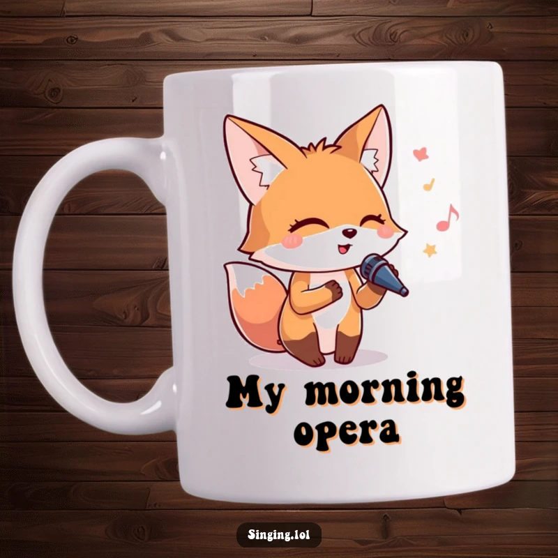 Funny singing fox mug with closed eyes, joyfully holding a tiny microphone and belting out a tune.