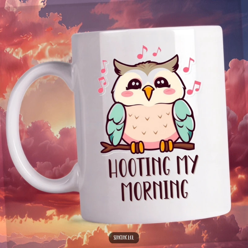 Funny mug showing a happy owl with musical notes floating from its open beak, radiating a cheerful, musical vibe.