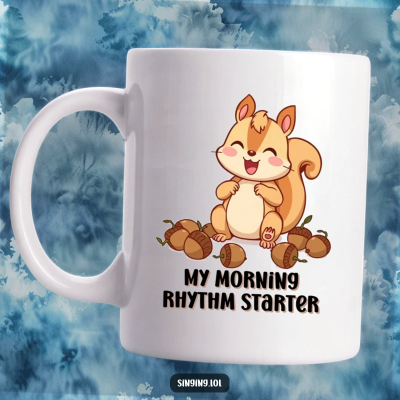 Funny squirrel drummer mug, a happy character enthusiastically tapping acorns like drumsticks, perfect for coffee lovers.