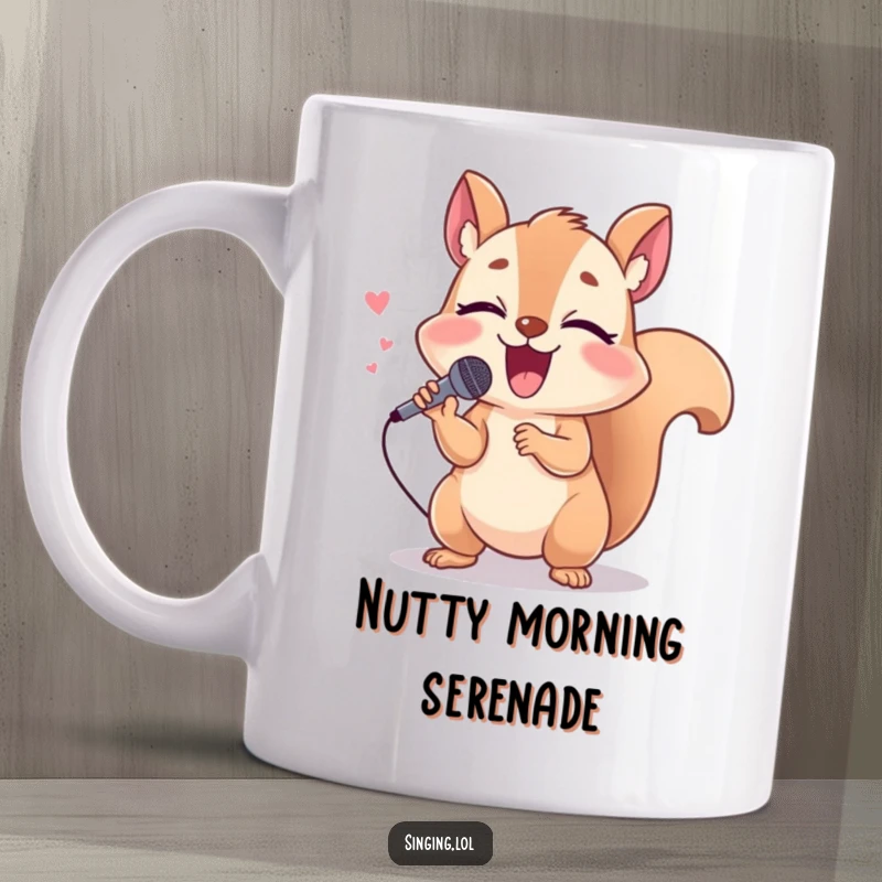Funny giggling squirrel mug character holding a tiny microphone, singing loudly with pure joy and nutty enthusiasm.