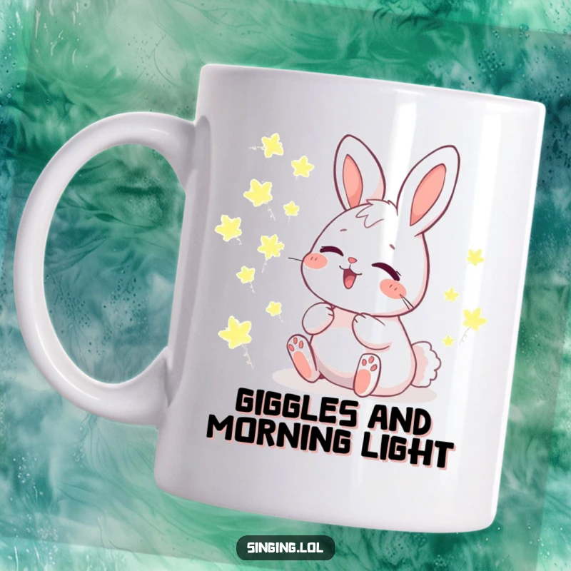 Funny Mug with a giggling bunny character harmonizing with a chorus of glowing fireflies, creating a magical and cheerful scene.