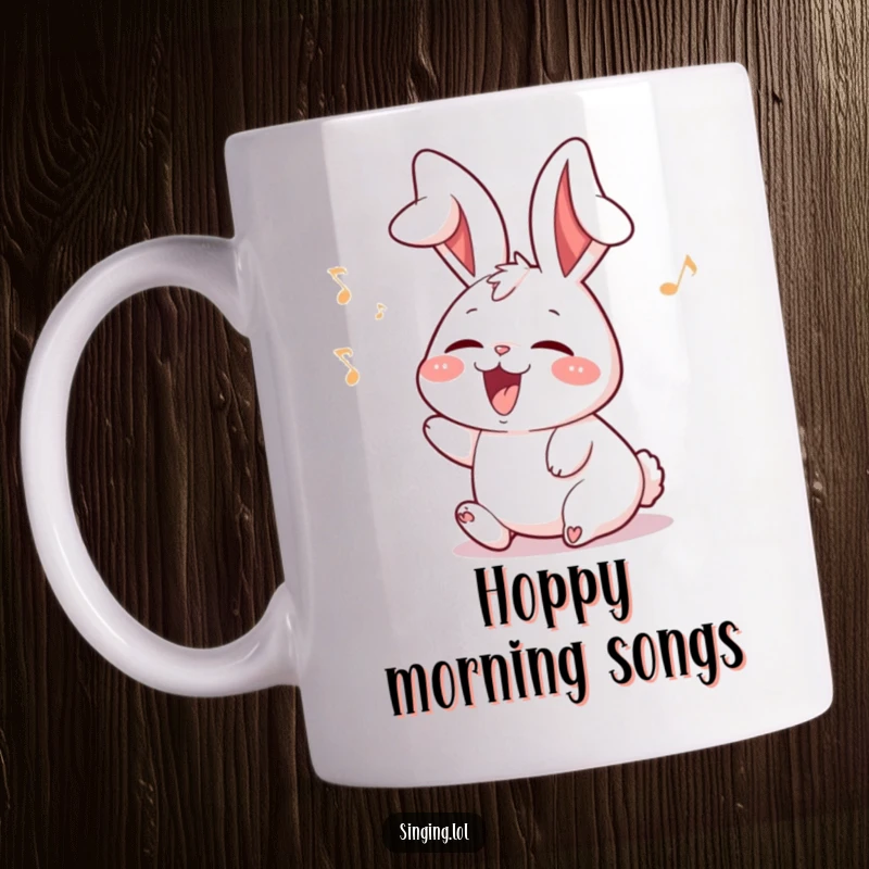 Funny delighted rabbit mug character with ears flopping while singing joyfully, full of happy musical energy.