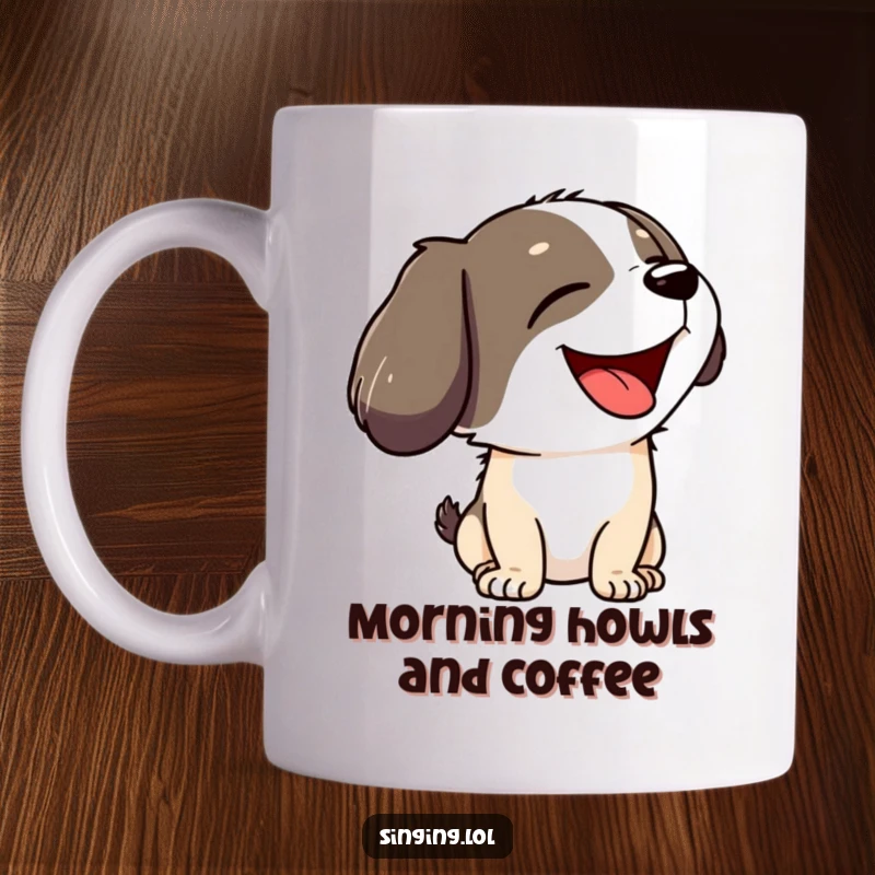 Funny mug with a joyful dog character tilting its head back and howling with pure delight, embodying canine happiness.