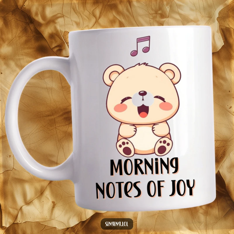Funny Mug featuring a happy little bear cub singing with eyes closed, a whimsical musical note floating above, radiating pure joy.