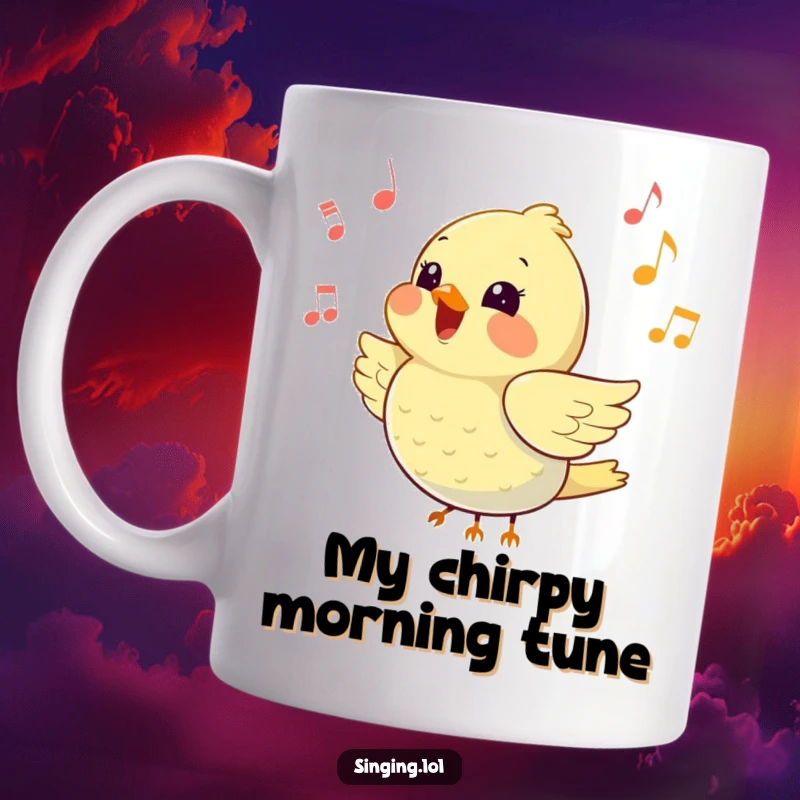 Funny mug with a happy little bird chirping loudly amidst flying music notes, radiating pure joy and song.