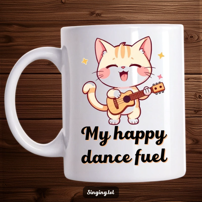 Funny kitten mug, a playful cat enthusiastically singing solo with its tail wagging, radiating pure joy and musical passion.