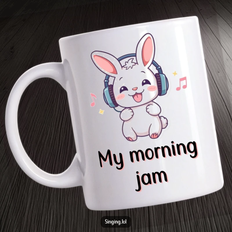 Funny mug featuring a cheerful rabbit with headphones, passionately singing its heart out with a microphone, expressing pure musical joy.
