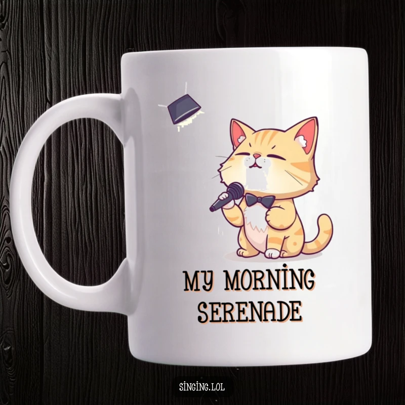 Funny mug with a suave cat character dressed up and singing passionately into a spotlight, exuding musical charm.
