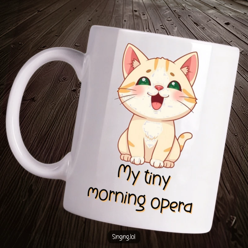 Funny Cat Meowing Mug, a curious feline character mid-meow at a high, playful pitch, capturing feline communication.