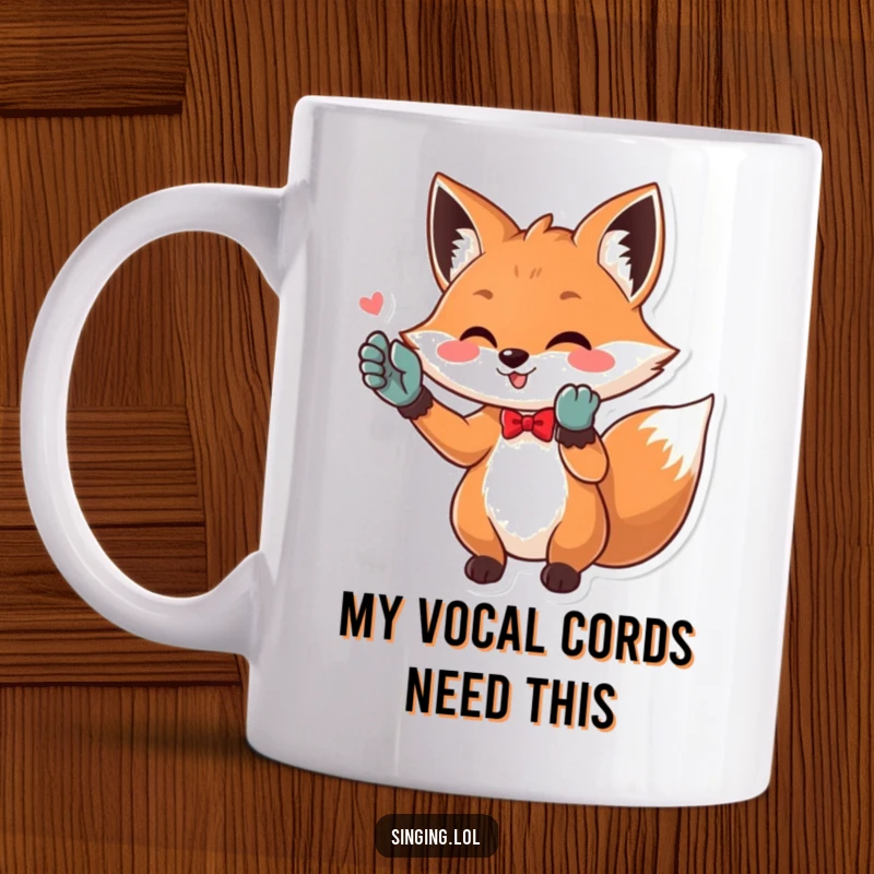 Funny Opera Fox Mug: A playful fox in opera gloves hitting a high note, expressing diva energy. Perfect for music lovers and theatre fans.