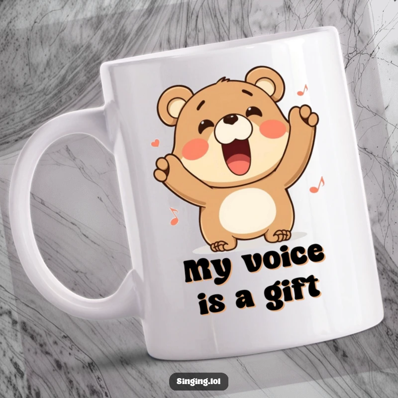 Funny happy bear mug character belting out a tune with a wide grin, enjoying a song. Perfect gift for music lovers.