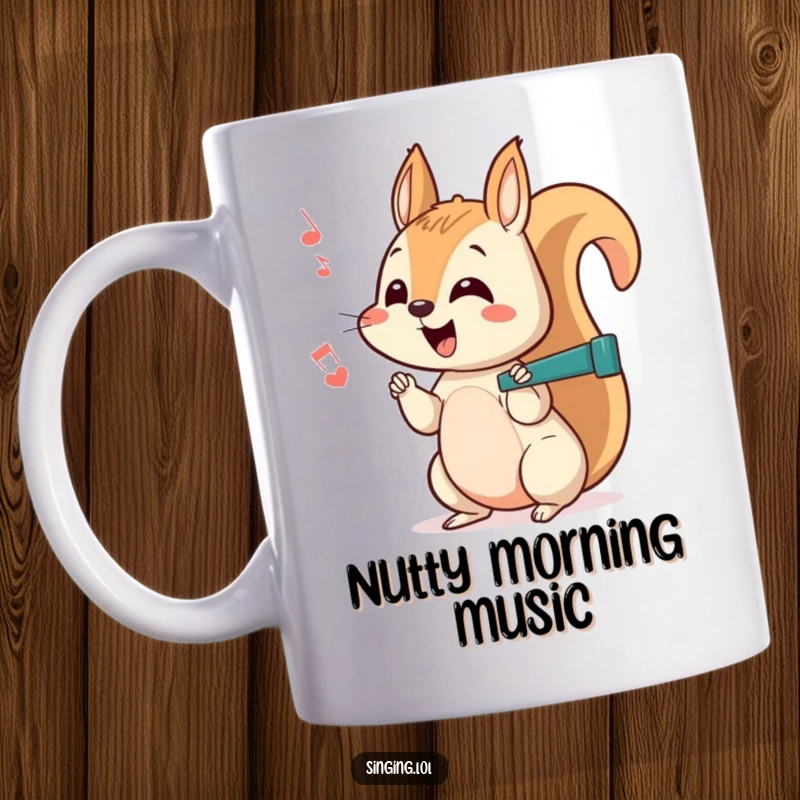 Funny squirrel mug featuring a curious, energetic character chattering a happy, slightly off-key rhythm, inviting smiles and conversation.