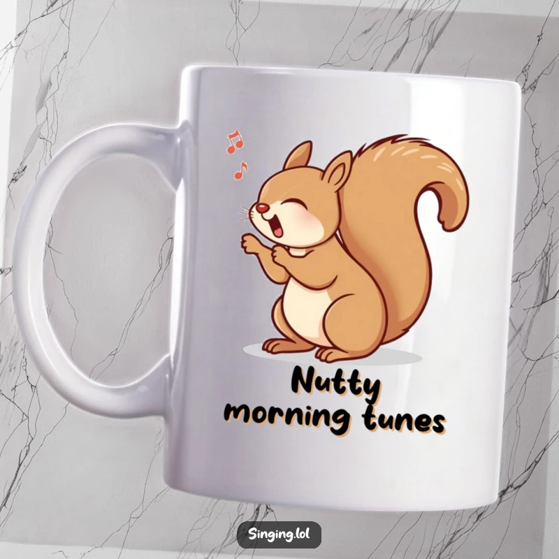 Funny mug showing a happy squirrel singing with its bushy tail swinging rhythmically, radiating energetic fun.