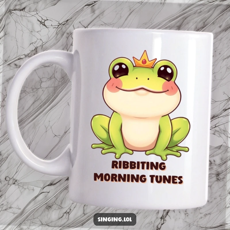 Funny Frog Prince mug featuring a giggling royal frog character enthusiastically croaking a happy, off-key tune, perfect for any amphibian lover's collection.