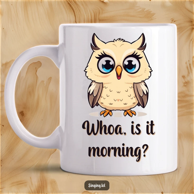 Funny Mug featuring a surprised owl character hooting a high note with wide-open eyes, capturing a moment of shock and amusement.