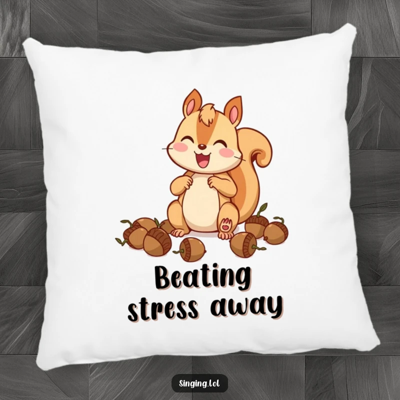 Funny squirrel drummer pillow, a cute squirrel artistically drumming on acorns, bringing musical cheer to any room.