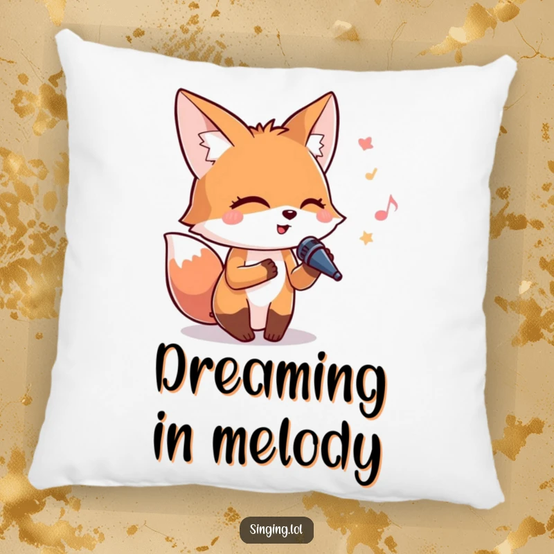 Funny pillow showcasing a happy fox with closed eyes, holding a tiny microphone and lost in a heartfelt song.