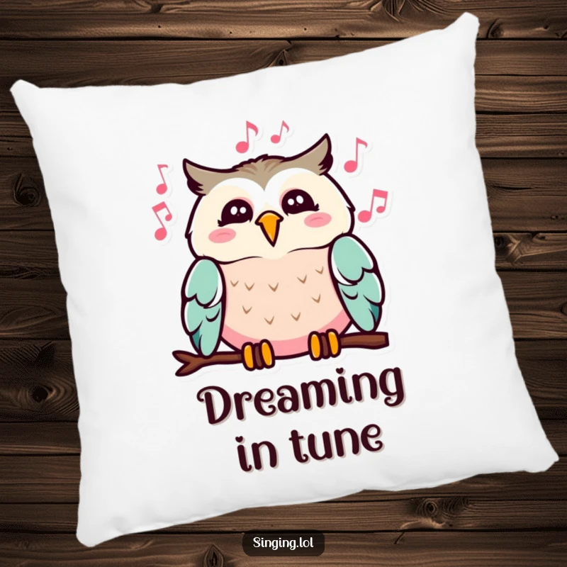 Funny pillow featuring a cheerful owl with musical notes flowing from its beak, a soft and humorous home decor item.