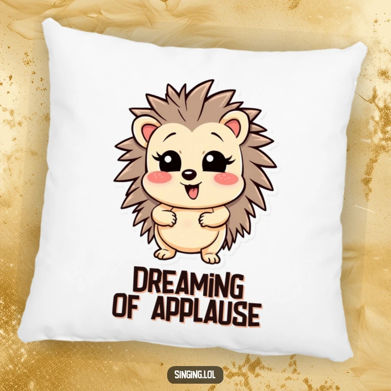 Funny wobbly hedgehog character singing a high note, embroidered on a soft and cozy pillow, adding humor to any room.