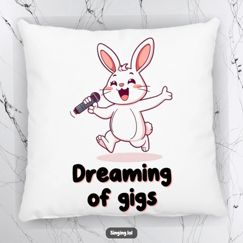 Funny decorative pillow featuring a cheerful bunny hopping with a microphone, adding a cute and musical element.