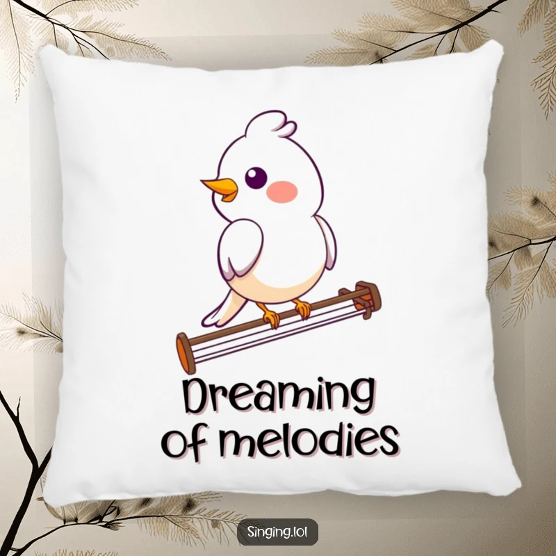 Funny bird pillow featuring a smiling bird character perched on a musical staff, designed for cozy musical dreams.