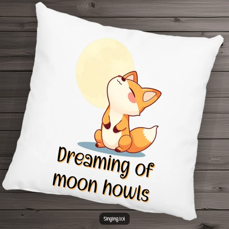 Funny cheerful fox howling at the moon, depicted on a soft, decorative pillow, adding humorous charm to any room.