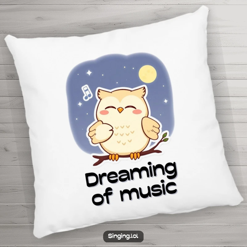 Funny pillow with a smiling owl serenading the moon with a soft melody, perfect for cozy, whimsical nights.
