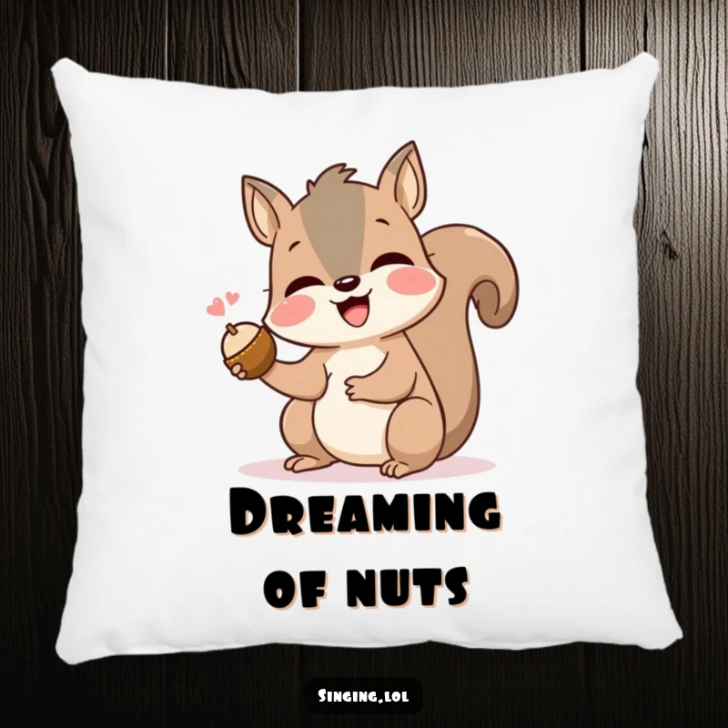Funny squirrel pillow illustrating a joyful rodent singing with a nut, providing comfort and a touch of humor to your space.