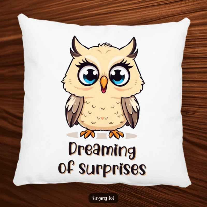 Funny Pillow with a surprised owl character hooting a high note with wide eyes, offering comfort and a touch of humorous surprise.