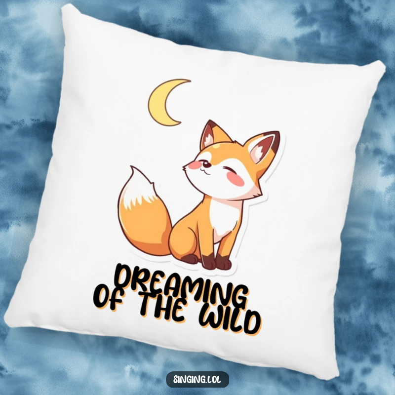 Funny decorative pillow with a playful fox character howling joyfully at a crescent moon, perfect for relaxation.