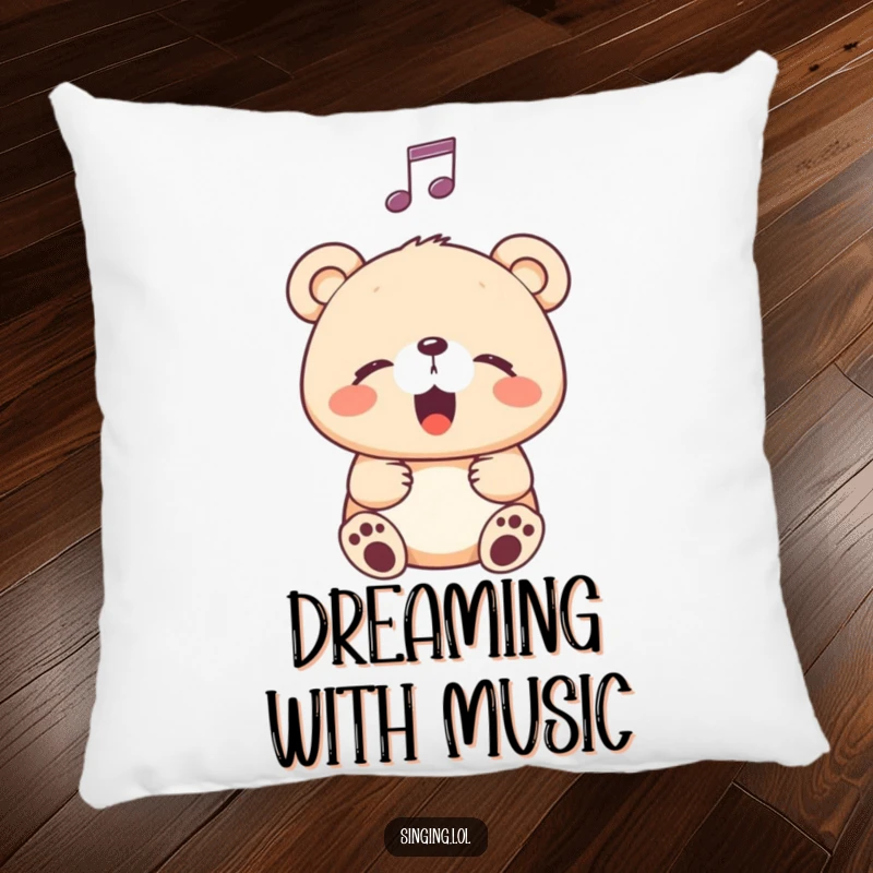 Funny Pillow with a happy bear cub singing with eyes closed, a musical note above, providing comfort and a touch of melody.