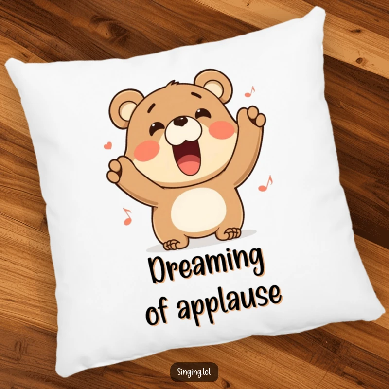 Funny bear pillow featuring a character belting out a tune with a wide grin, perfect for adding comfort and laughs.