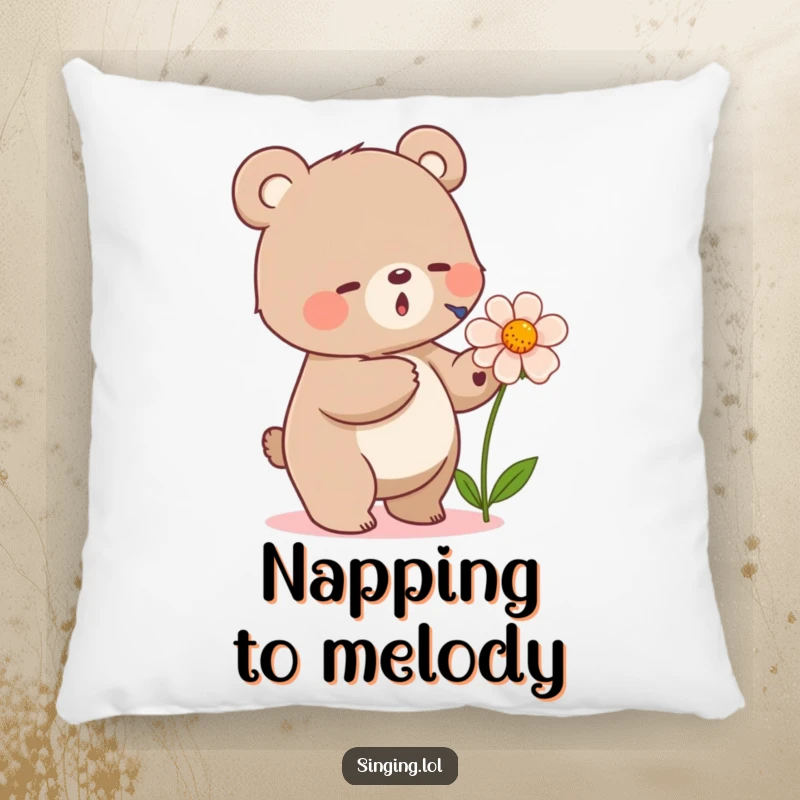 Funny decorative pillow featuring a small bear tapping its foot and singing into a flower, perfect for adding natural charm.